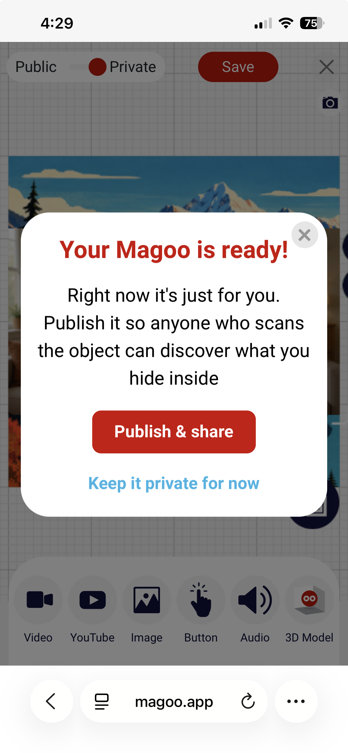 Magoo screen for publishing and sharing a Magoo with a QR code and link